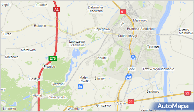 mapa Rokitki gmina Tczew, Rokitki gmina Tczew na mapie Targeo