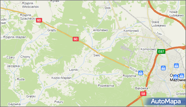 mapa Sielc gmina Ostrów Mazowiecka, Sielc gmina Ostrów Mazowiecka na mapie Targeo
