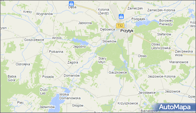 mapa Stary Młyn gmina Przytyk, Stary Młyn gmina Przytyk na mapie Targeo