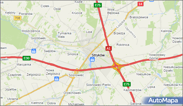 mapa Stryków powiat zgierski, Stryków powiat zgierski na mapie Targeo