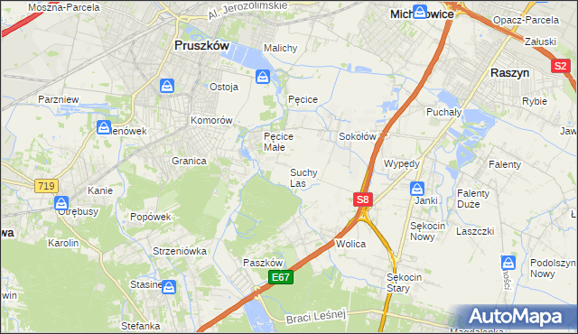 mapa Suchy Las gmina Michałowice, Suchy Las gmina Michałowice na mapie Targeo