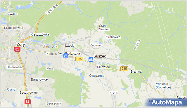 mapa Suszec powiat pszczyński, Suszec powiat pszczyński na mapie Targeo