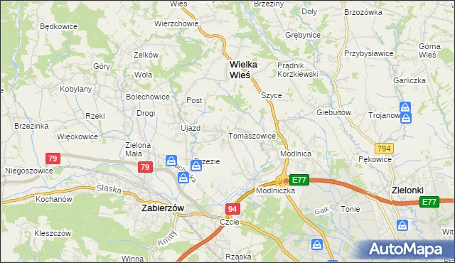 mapa Tomaszowice gmina Wielka Wieś, Tomaszowice gmina Wielka Wieś na mapie Targeo
