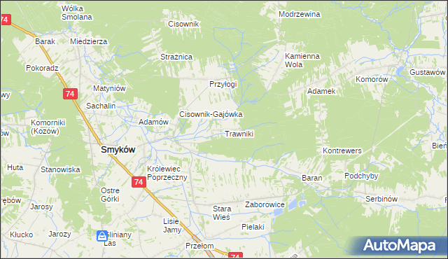 mapa Trawniki gmina Smyków, Trawniki gmina Smyków na mapie Targeo
