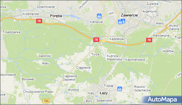 mapa Turza gmina Łazy, Turza gmina Łazy na mapie Targeo