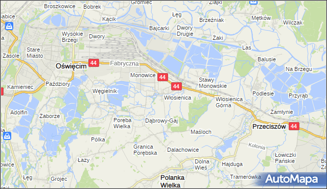mapa Włosienica gmina Oświęcim, Włosienica gmina Oświęcim na mapie Targeo