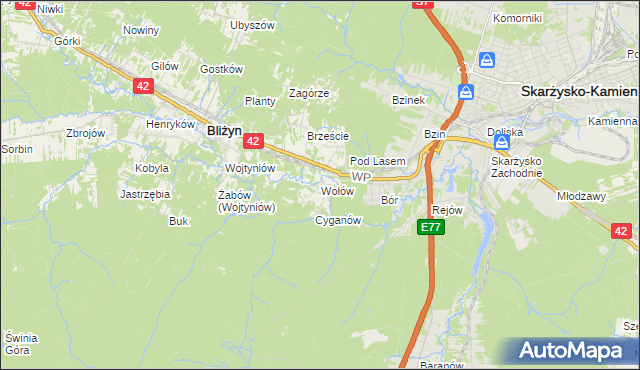 mapa Wołów gmina Bliżyn, Wołów gmina Bliżyn na mapie Targeo