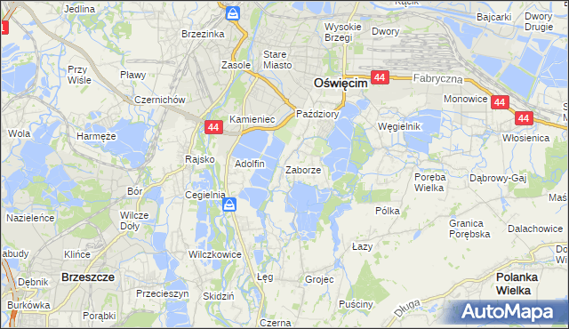 mapa Zaborze gmina Oświęcim, Zaborze gmina Oświęcim na mapie Targeo