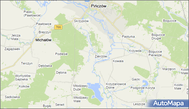 mapa Zakrzów gmina Pińczów, Zakrzów gmina Pińczów na mapie Targeo
