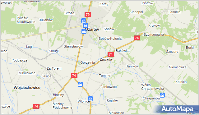 mapa Zawada gmina Ożarów, Zawada gmina Ożarów na mapie Targeo