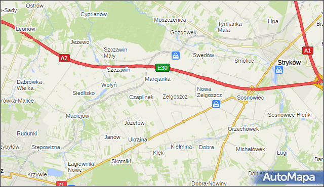 mapa Zelgoszcz gmina Stryków, Zelgoszcz gmina Stryków na mapie Targeo