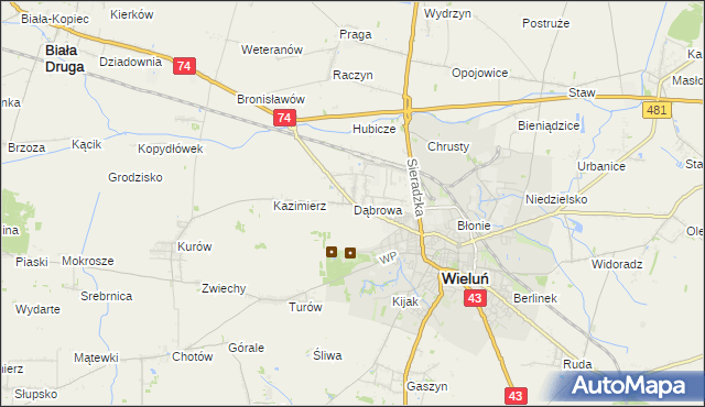 mapa Dąbrowa gmina Wieluń, Dąbrowa gmina Wieluń na mapie Targeo