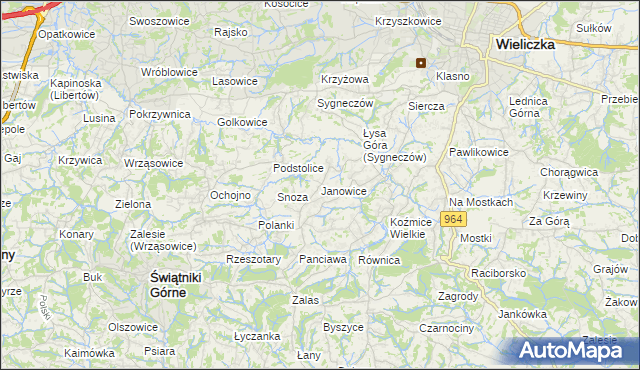 mapa Janowice gmina Wieliczka, Janowice gmina Wieliczka na mapie Targeo