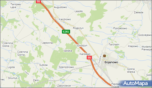 mapa Junoszyn gmina Rydzyna, Junoszyn gmina Rydzyna na mapie Targeo