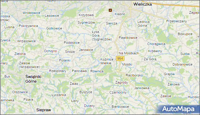 mapa Koźmice Wielkie, Koźmice Wielkie na mapie Targeo