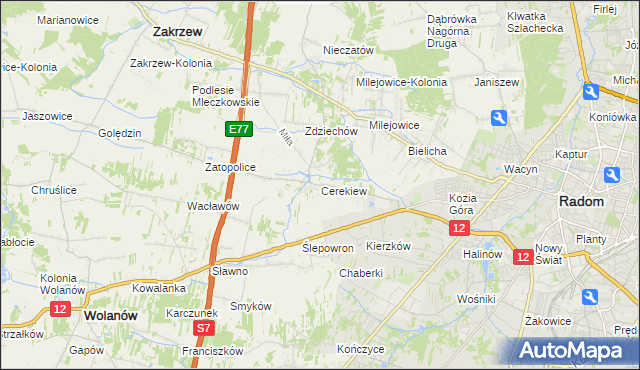 mapa Cerekiew gmina Zakrzew, Cerekiew gmina Zakrzew na mapie Targeo