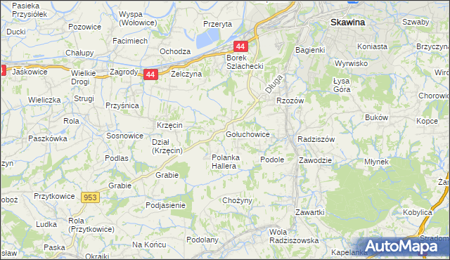 mapa Gołuchowice gmina Skawina, Gołuchowice gmina Skawina na mapie Targeo