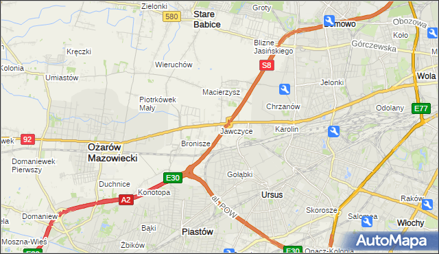 mapa Jawczyce gmina Ożarów Mazowiecki, Jawczyce gmina Ożarów Mazowiecki na mapie Targeo