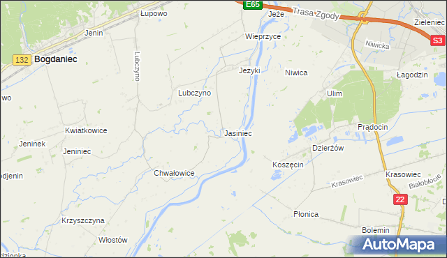 mapa Jasiniec gmina Bogdaniec, Jasiniec gmina Bogdaniec na mapie Targeo