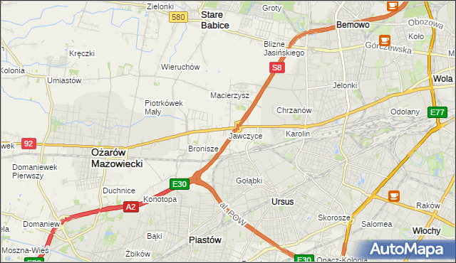 mapa Jawczyce gmina Ożarów Mazowiecki, Jawczyce gmina Ożarów Mazowiecki na mapie Targeo