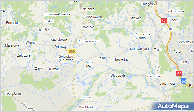 mapa Dział gmina Czarny Dunajec, Dział gmina Czarny Dunajec na mapie Targeo