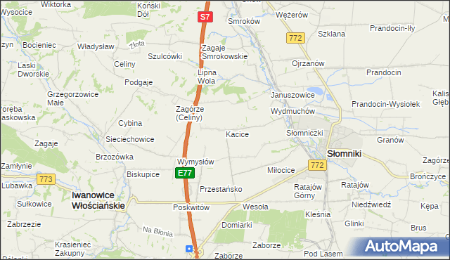 mapa Kacice gmina Słomniki, Kacice gmina Słomniki na mapie Targeo