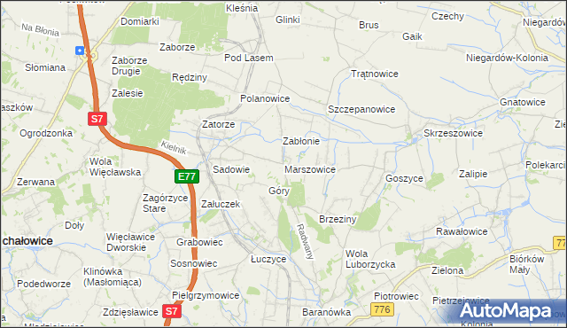 mapa Marszowice gmina Kocmyrzów-Luborzyca, Marszowice gmina Kocmyrzów-Luborzyca na mapie Targeo