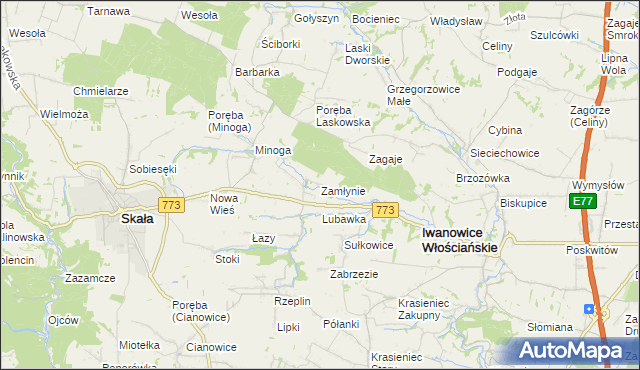 mapa Zamłynie gmina Skała, Zamłynie gmina Skała na mapie Targeo