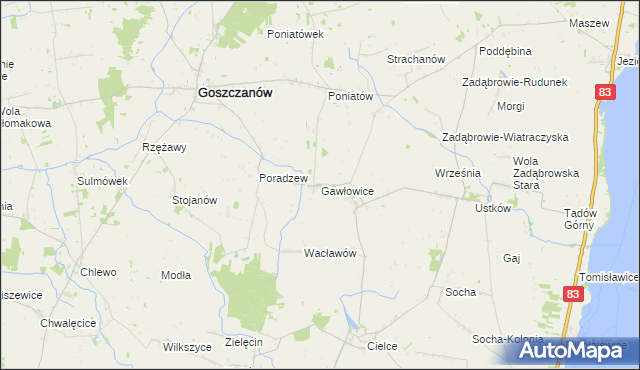 mapa Gawłowice gmina Goszczanów, Gawłowice gmina Goszczanów na mapie Targeo