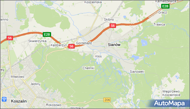 mapa Kłos gmina Sianów, Kłos gmina Sianów na mapie Targeo