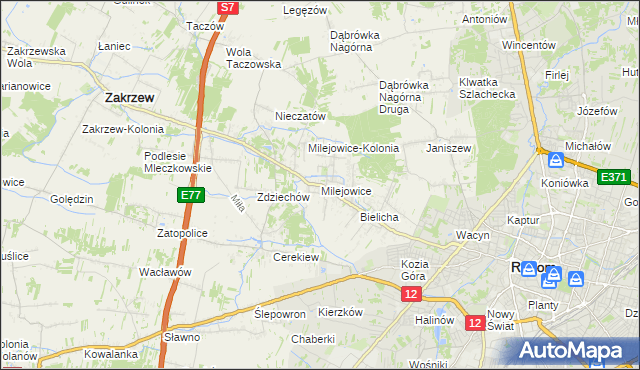 mapa Milejowice gmina Zakrzew, Milejowice gmina Zakrzew na mapie Targeo