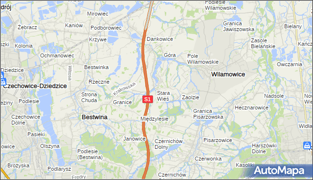 mapa Stara Wieś gmina Wilamowice, Stara Wieś gmina Wilamowice na mapie Targeo