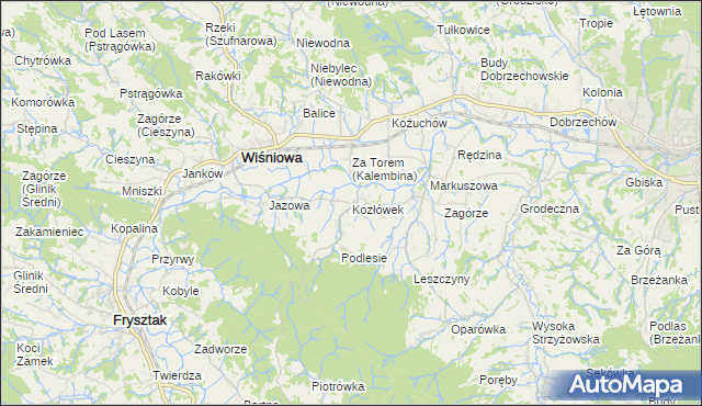 mapa Kozłówek gmina Wiśniowa, Kozłówek gmina Wiśniowa na mapie Targeo