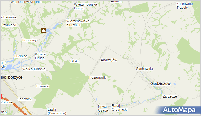 mapa Andrzejów gmina Godziszów, Andrzejów gmina Godziszów na mapie Targeo