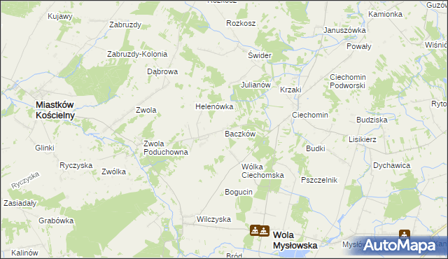 mapa Baczków gmina Wola Mysłowska, Baczków gmina Wola Mysłowska na mapie Targeo