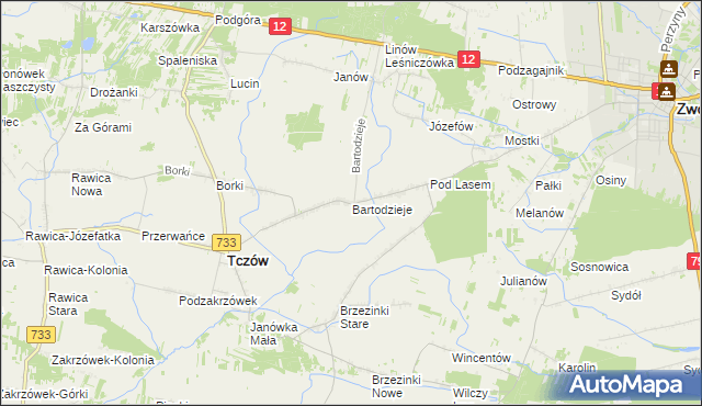 mapa Bartodzieje gmina Tczów, Bartodzieje gmina Tczów na mapie Targeo