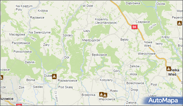 mapa Będkowice gmina Wielka Wieś, Będkowice gmina Wielka Wieś na mapie Targeo