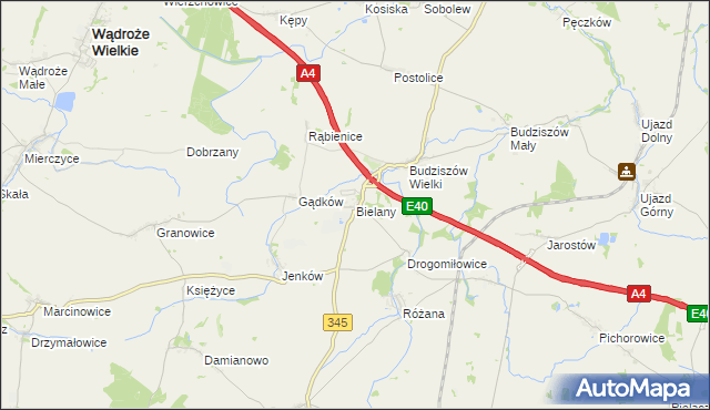 mapa Bielany gmina Wądroże Wielkie, Bielany gmina Wądroże Wielkie na mapie Targeo