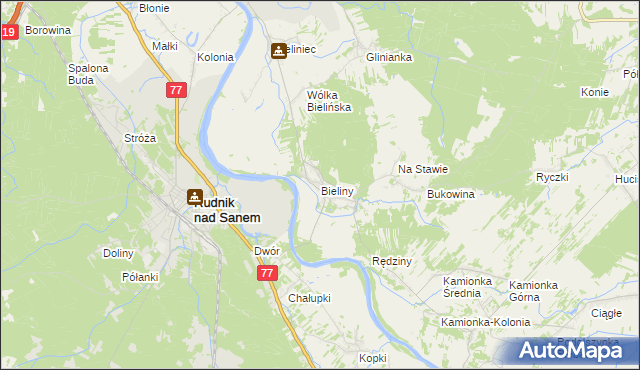 mapa Bieliny gmina Ulanów, Bieliny gmina Ulanów na mapie Targeo