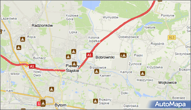 mapa Bobrowniki powiat będziński, Bobrowniki powiat będziński na mapie Targeo