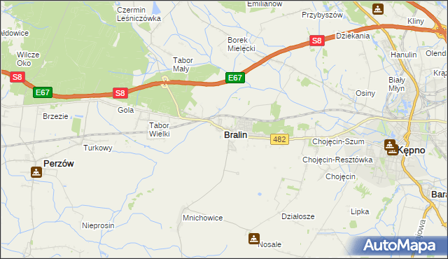 mapa Bralin powiat kępiński, Bralin powiat kępiński na mapie Targeo