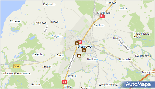 mapa Braniewo, Braniewo na mapie Targeo