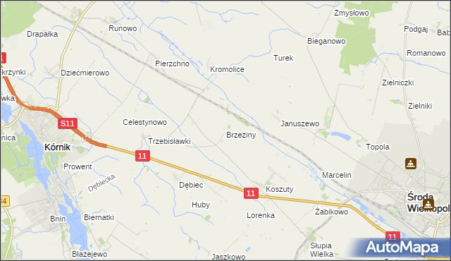 mapa Brzeziny gmina Środa Wielkopolska, Brzeziny gmina Środa Wielkopolska na mapie Targeo