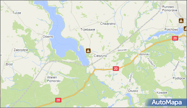 mapa Cieszyno gmina Węgorzyno, Cieszyno gmina Węgorzyno na mapie Targeo