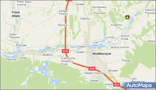 mapa Dąbie gmina Modliborzyce, Dąbie gmina Modliborzyce na mapie Targeo