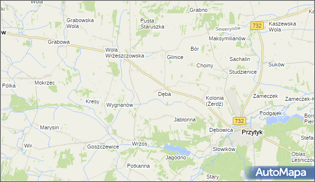 mapa Dęba gmina Przytyk, Dęba gmina Przytyk na mapie Targeo