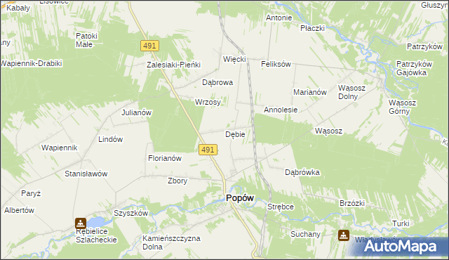 mapa Dębie gmina Popów, Dębie gmina Popów na mapie Targeo