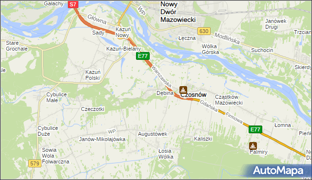 mapa Dębina gmina Czosnów, Dębina gmina Czosnów na mapie Targeo