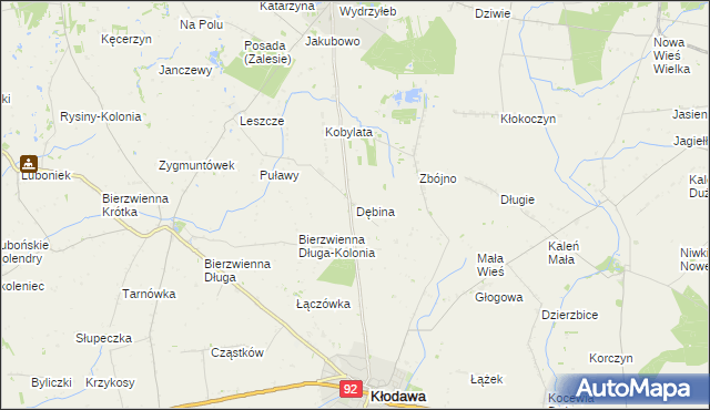 mapa Dębina gmina Kłodawa, Dębina gmina Kłodawa na mapie Targeo