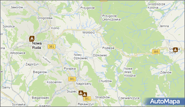 mapa Dzikowiec gmina Nowa Ruda, Dzikowiec gmina Nowa Ruda na mapie Targeo